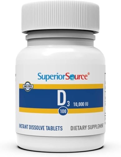 Superior Source Vitamin D3 10.000 IE – 100 Mikro-Lingualtabletten, schnell lösliche Nahrungsergänzung für starke Knochen & Zähne, Immununterstützung, nicht-GVO