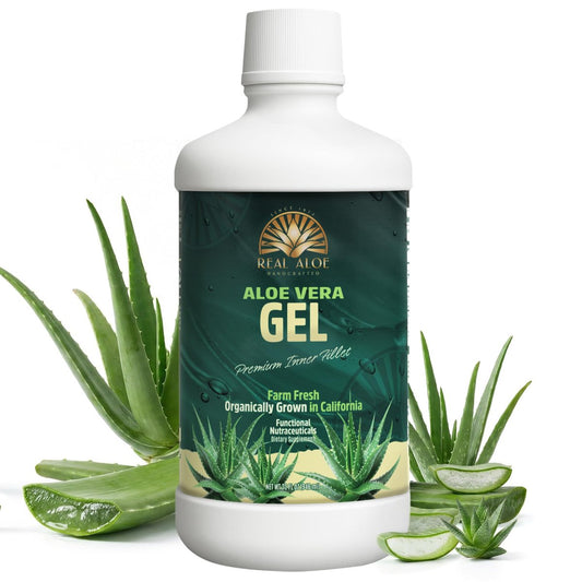 Real Aloe Aloe Vera Gel (32 fl oz) | Handgefertigt aus kalifornischem Bio-Innenblattgel für gesunde Darmunterstützung & Verdauung | Aloin-frei | Hergestellt in USA
