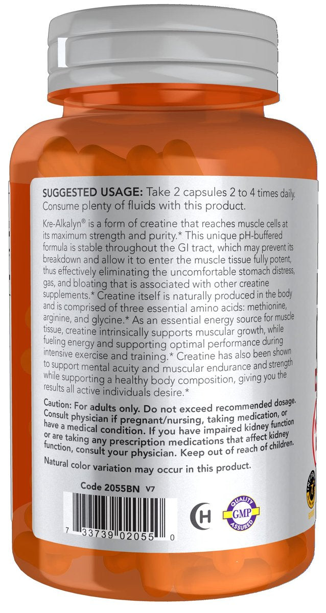 NOW Foods Kre-Alkalyn Creatin 750 mg – 120 vegane Kapseln für Muskelaufbau & Energieproduktion