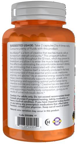 NOW Foods Kre-Alkalyn Creatin 750 mg – 120 vegane Kapseln für Muskelaufbau & Energieproduktion