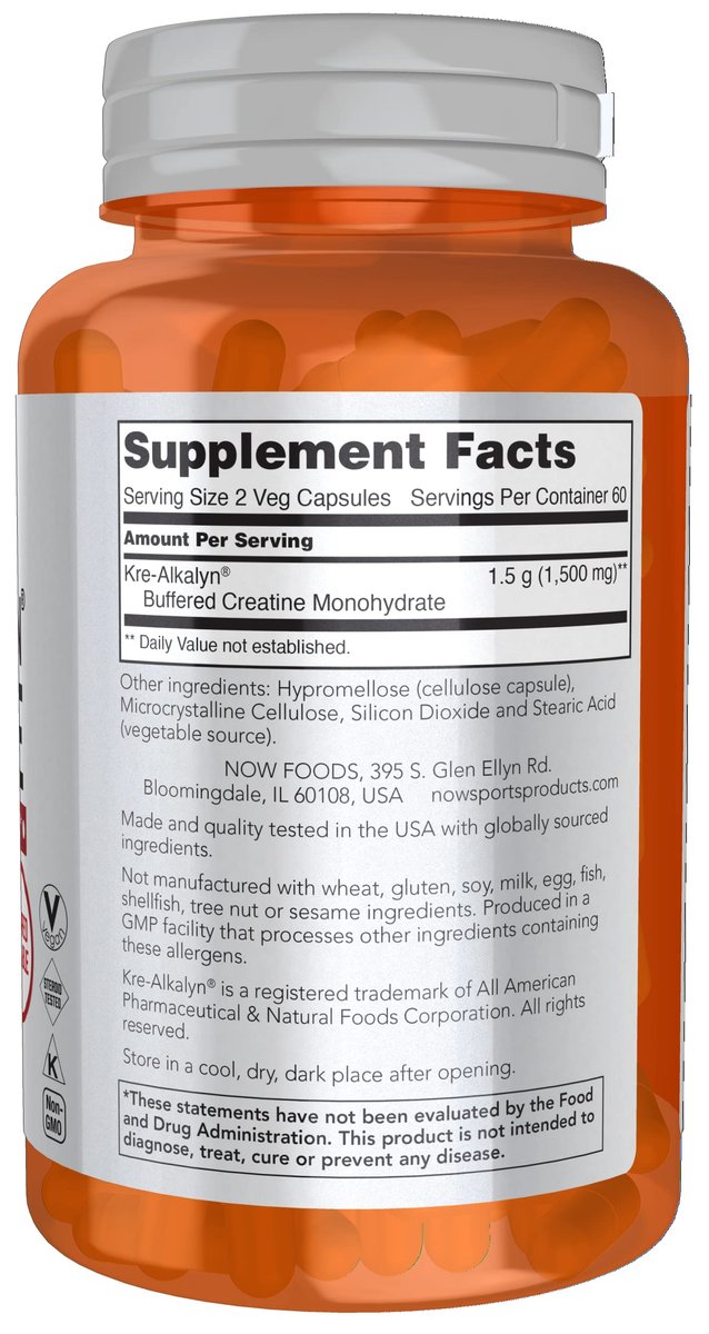 NOW Foods Kre-Alkalyn Creatin 750 mg – 120 vegane Kapseln für Muskelaufbau & Energieproduktion