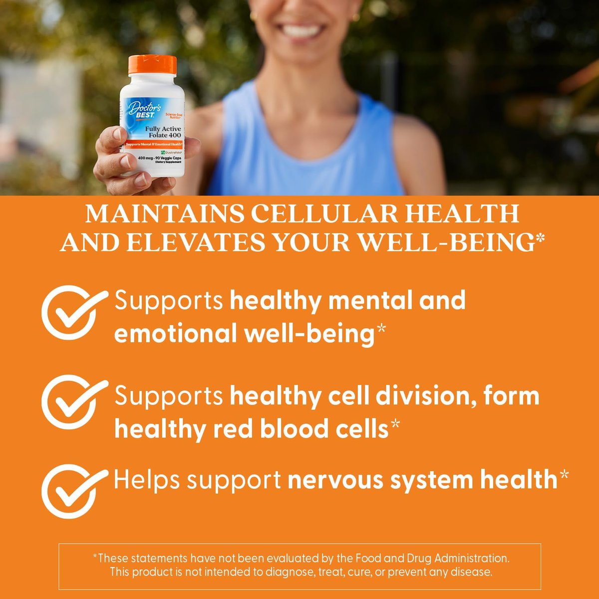 Doctor's Best Fully Active Folat mit Quatrefolic 400 mcg – Unterstützt gesunde Stimmung, Gedächtnis, Durchblutung und Wohlbefinden, 90 Kapseln