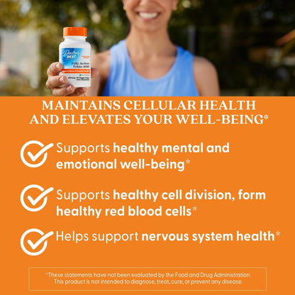 Doctor's Best Fully Active Folat mit Quatrefolic 400 mcg – Unterstützt gesunde Stimmung, Gedächtnis, Durchblutung und Wohlbefinden, 90 Kapseln