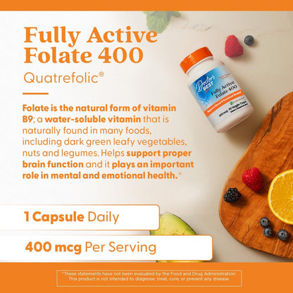 Doctor's Best Fully Active Folat mit Quatrefolic 400 mcg – Unterstützt gesunde Stimmung, Gedächtnis, Durchblutung und Wohlbefinden, 90 Kapseln