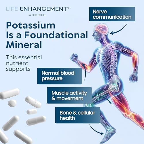 Life Enhancement Hochdosiertes 1020 mg Kaliumpräparat für Muskel-, Gehirn- und Knochengesundheit – Ohne Zusatzstoffe, hoch absorbierbares elementares Kalium, hergestellt in den USA (240 Kapseln – 120 Portionen)