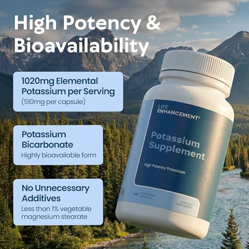 Life Enhancement Hochdosiertes 1020 mg Kaliumpräparat für Muskel-, Gehirn- und Knochengesundheit – Ohne Zusatzstoffe, hoch absorbierbares elementares Kalium, hergestellt in den USA (240 Kapseln – 120 Portionen)