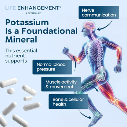 Life Enhancement Hochdosiertes 1020 mg Kaliumpräparat für Muskel-, Gehirn- und Knochengesundheit – Ohne Zusatzstoffe, hoch absorbierbares elementares Kalium, hergestellt in den USA (240 Kapseln – 120 Portionen)