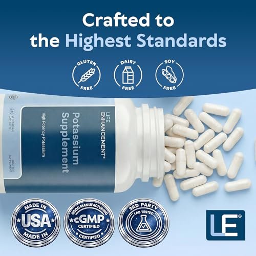 Life Enhancement Hochdosiertes 1020 mg Kaliumpräparat für Muskel-, Gehirn- und Knochengesundheit – Ohne Zusatzstoffe, hoch absorbierbares elementares Kalium, hergestellt in den USA (240 Kapseln – 120 Portionen)