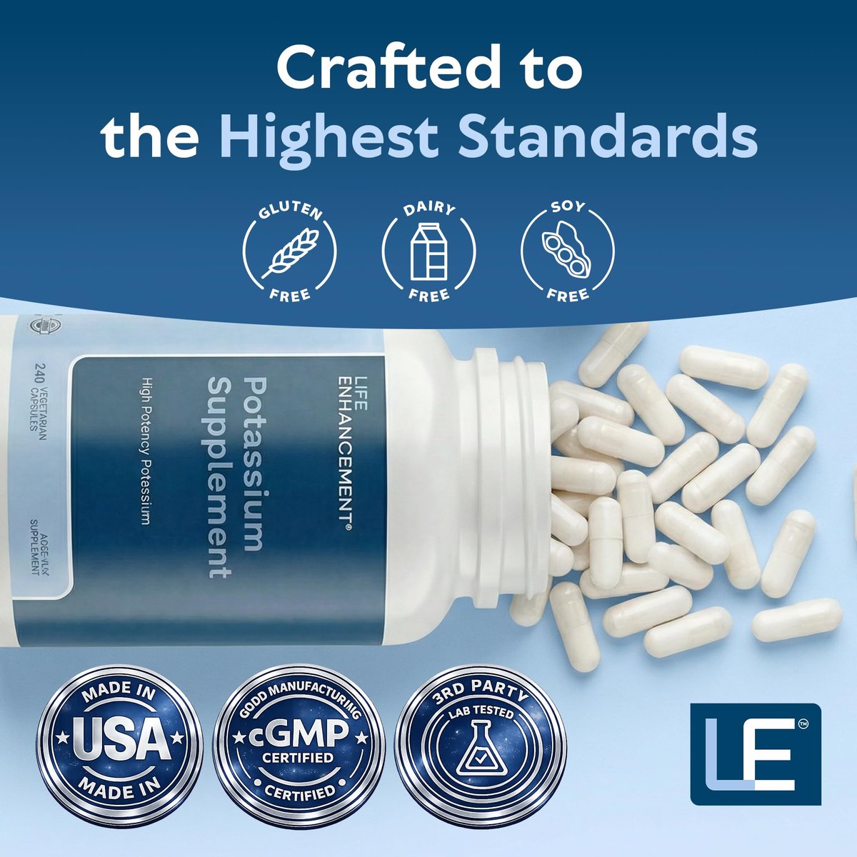 Life Enhancement Hochdosiertes 1020 mg Kaliumpräparat für Muskel-, Gehirn- und Knochengesundheit – Ohne Zusatzstoffe, hoch absorbierbares elementares Kalium, hergestellt in den USA (240 Kapseln – 120 Portionen)