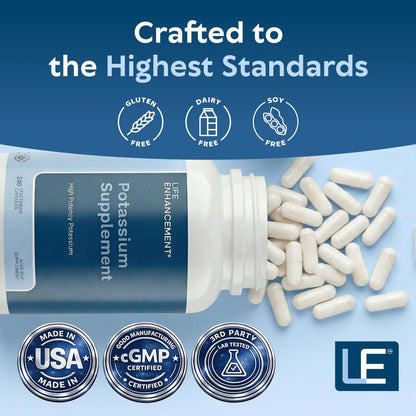 Life Enhancement Hochdosiertes 1020 mg Kaliumpräparat für Muskel-, Gehirn- und Knochengesundheit – Ohne Zusatzstoffe, hoch absorbierbares elementares Kalium, hergestellt in den USA (240 Kapseln – 120 Portionen)