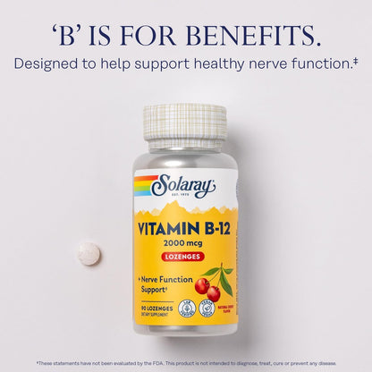 SOLARAY Vitamin B12 2000 mcg Lutschtabletten – Ohne Zucker, Natürlicher Kirschgeschmack, Vitamin B12 Supplement für Nervenfunktion, Energie und rote Blutkörperchen – Laborgeprüft, Vegan – 90 Lutschtabletten