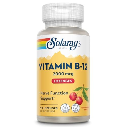 SOLARAY Vitamin B12 2000 mcg Lutschtabletten – Ohne Zucker, Natürlicher Kirschgeschmack, Vitamin B12 Supplement für Nervenfunktion, Energie und rote Blutkörperchen – Laborgeprüft, Vegan – 90 Lutschtabletten