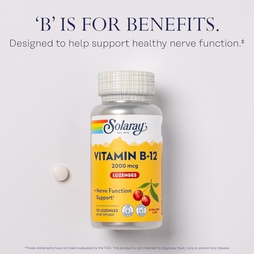 SOLARAY Vitamin B12 2000 mcg Lutschtabletten – Ohne Zucker, Natürlicher Kirschgeschmack, Vitamin B12 Supplement für Nervenfunktion, Energie und rote Blutkörperchen – Laborgeprüft, Vegan – 90 Lutschtabletten