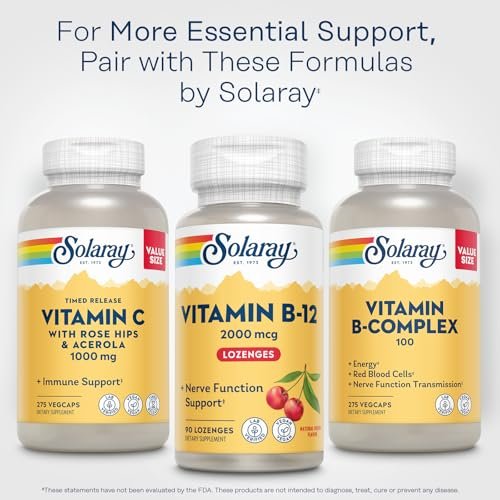 SOLARAY Vitamin B12 2000 mcg Lutschtabletten – Ohne Zucker, Natürlicher Kirschgeschmack, Vitamin B12 Supplement für Nervenfunktion, Energie und rote Blutkörperchen – Laborgeprüft, Vegan – 90 Lutschtabletten