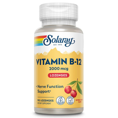 SOLARAY Vitamin B12 2000 mcg Lutschtabletten – Ohne Zucker, Natürlicher Kirschgeschmack, Vitamin B12 Supplement für Nervenfunktion, Energie und rote Blutkörperchen – Laborgeprüft, Vegan – 90 Lutschtabletten