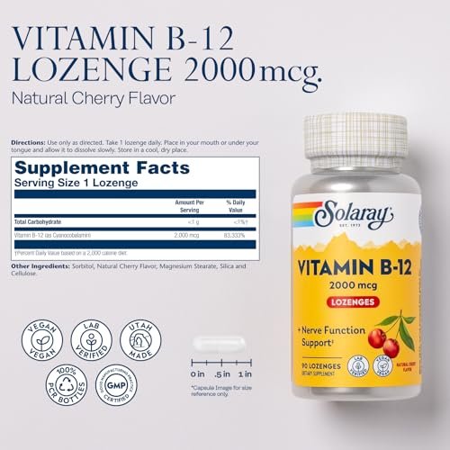 SOLARAY Vitamin B12 2000 mcg Lutschtabletten – Ohne Zucker, Natürlicher Kirschgeschmack, Vitamin B12 Supplement für Nervenfunktion, Energie und rote Blutkörperchen – Laborgeprüft, Vegan – 90 Lutschtabletten