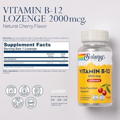 SOLARAY Vitamin B12 2000 mcg Lutschtabletten – Ohne Zucker, Natürlicher Kirschgeschmack, Vitamin B12 Supplement für Nervenfunktion, Energie und rote Blutkörperchen – Laborgeprüft, Vegan – 90 Lutschtabletten