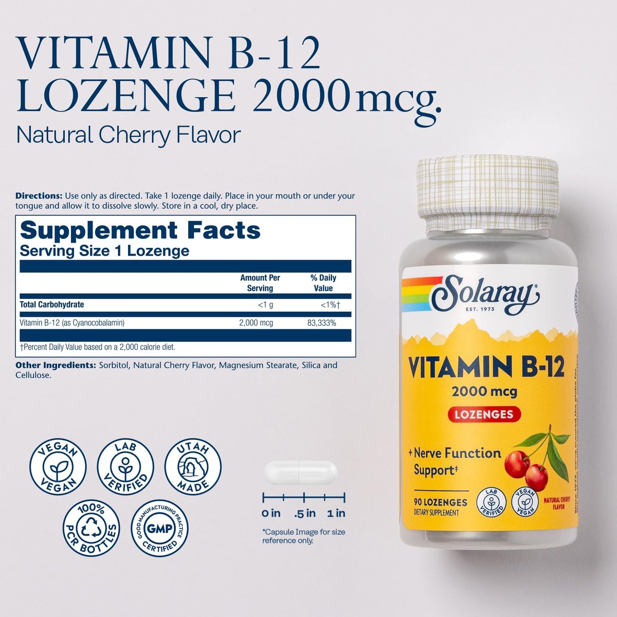 SOLARAY Vitamin B12 2000 mcg Lutschtabletten – Ohne Zucker, Natürlicher Kirschgeschmack, Vitamin B12 Supplement für Nervenfunktion, Energie und rote Blutkörperchen – Laborgeprüft, Vegan – 90 Lutschtabletten