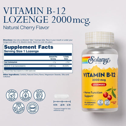 SOLARAY Vitamin B12 2000 mcg Lutschtabletten – Ohne Zucker, Natürlicher Kirschgeschmack, Vitamin B12 Supplement für Nervenfunktion, Energie und rote Blutkörperchen – Laborgeprüft, Vegan – 90 Lutschtabletten