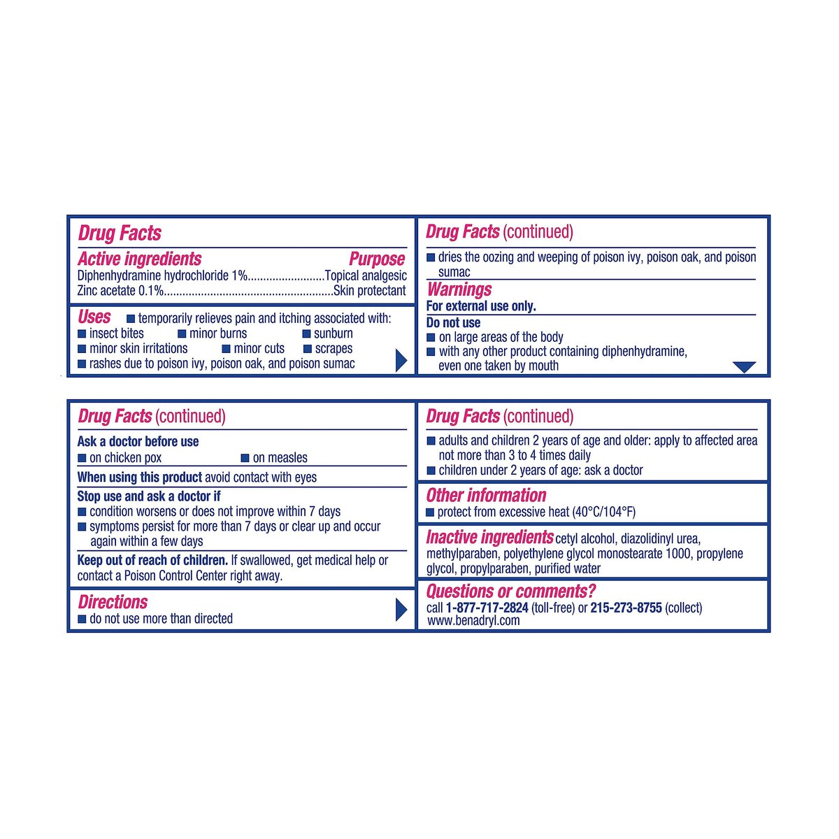 Benadryl Original Stärke Anti-Juckreiz Creme, Insektenstich Linderung, Diphenhydramin HCl topisches Analgetikum & Zinkacetat Hautschutz, Ideal für Campingausflüge, 1 oz, 2er-Pack