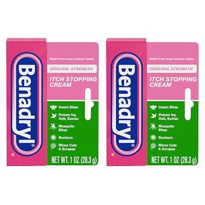 Benadryl Original Stärke Anti-Juckreiz Creme, Insektenstich Linderung, Diphenhydramin HCl topisches Analgetikum & Zinkacetat Hautschutz, Ideal für Campingausflüge, 1 oz, 2er-Pack
