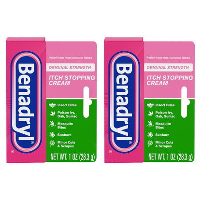 Benadryl Original Stärke Anti-Juckreiz Creme, Insektenstich Linderung, Diphenhydramin HCl topisches Analgetikum & Zinkacetat Hautschutz, Ideal für Campingausflüge, 1 oz, 2er-Pack