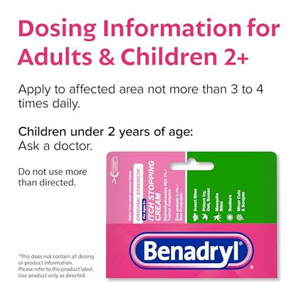 Benadryl Original Stärke Anti-Juckreiz Creme, Insektenstich Linderung, Diphenhydramin HCl topisches Analgetikum & Zinkacetat Hautschutz, Ideal für Campingausflüge, 1 oz, 2er-Pack