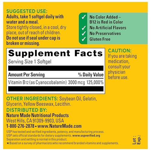 Nature Made Vitamin B12 Extra Strength 3000 mcg – 60 Weichkapseln für 60 Tage, Unterstützung des Energiestoffwechsels