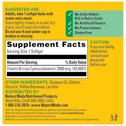 Nature Made Vitamin B12 Extra Strength 3000 mcg – 60 Weichkapseln für 60 Tage, Unterstützung des Energiestoffwechsels