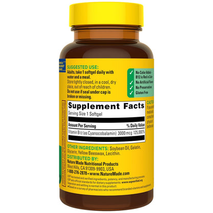 Nature Made Vitamin B12 Extra Strength 3000 mcg – 60 Weichkapseln für 60 Tage, Unterstützung des Energiestoffwechsels
