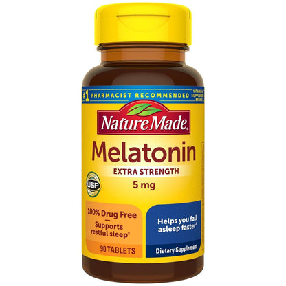 Nature Made Melatonin 5mg Tabletten Extra Stark – 100 % arzneimittelfreies Schlafmittel für Erwachsene, 90 Tabletten, 90-Tage-Vorrat