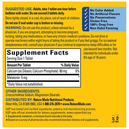 Nature Made Melatonin 5mg Tabletten Extra Stark – 100 % arzneimittelfreies Schlafmittel für Erwachsene, 90 Tabletten, 90-Tage-Vorrat