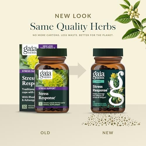 Gaia Herbs Stress Response – Nahrungsergänzung für Entspannung & gesunde Stressreaktion – mit Rhodiola, Heiligem Basilikum, Ashwagandha & mehr – 30 vegane Liquid Phyto-Caps (15 Portionen)