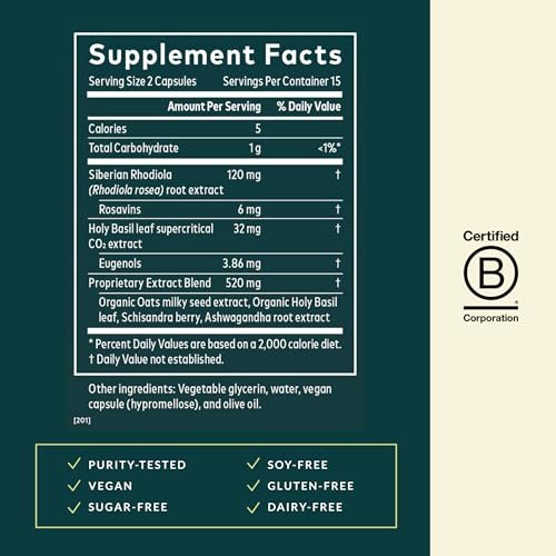 Gaia Herbs Stress Response – Nahrungsergänzung für Entspannung & gesunde Stressreaktion – mit Rhodiola, Heiligem Basilikum, Ashwagandha & mehr – 30 vegane Liquid Phyto-Caps (15 Portionen)