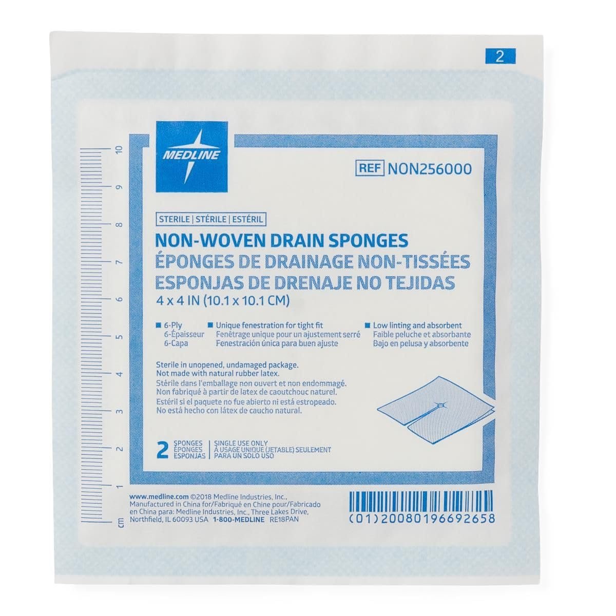 Medline Mullkompresse 4'' x 4'' 6-lagig, 50 Stück – sterile Wundauflage aus Viskose