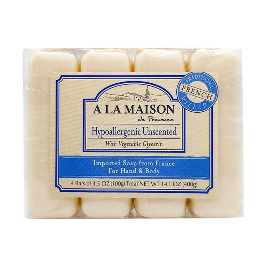 A LA MAISON Hypoallergene Duftfreie Seife - Französische Naturseife, Feuchtigkeitsspendend, 4 x 100 g