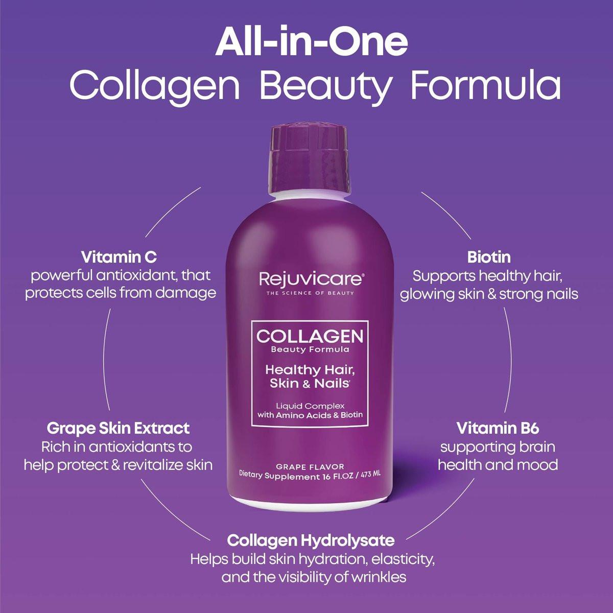 Rejuvicare Liquid Collagen Beauty Formula – Grape Geschmack, 16 Fl Oz (470 ml), 32 Portionen