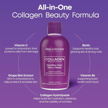 Rejuvicare Liquid Collagen Beauty Formula – Grape Geschmack, 16 Fl Oz (470 ml), 32 Portionen