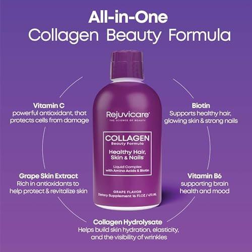 Rejuvicare Liquid Collagen Beauty Formula – Grape Geschmack, 16 Fl Oz (470 ml), 32 Portionen