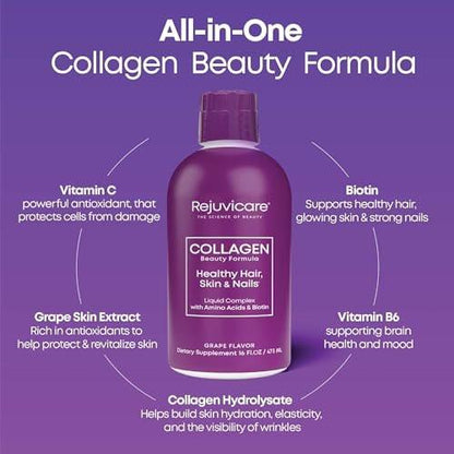 Rejuvicare Liquid Collagen Beauty Formula – Grape Geschmack, 16 Fl Oz (470 ml), 32 Portionen