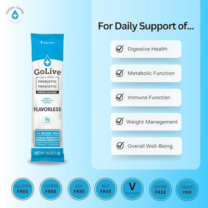GoLive Präbiotikum & Probiotikum für Frauen, Männer, Kinder – Geschmacksneutral, Zuckerfrei, Synbiotisches Pulver mit GOS, L-Glutamin, Vitamin D3, Elektrolyten – Für Darmgesundheit, Verdauung, Stoffwechsel, Immunität 15-50 Mrd. KBE