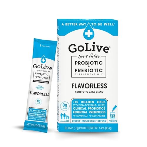 GoLive Präbiotikum & Probiotikum für Frauen, Männer, Kinder – Geschmacksneutral, Zuckerfrei, Synbiotisches Pulver mit GOS, L-Glutamin, Vitamin D3, Elektrolyten – Für Darmgesundheit, Verdauung, Stoffwechsel, Immunität 15-50 Mrd. KBE