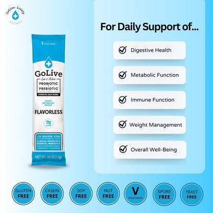 GoLive Präbiotikum & Probiotikum für Frauen, Männer, Kinder – Geschmacksneutral, Zuckerfrei, Synbiotisches Pulver mit GOS, L-Glutamin, Vitamin D3, Elektrolyten – Für Darmgesundheit, Verdauung, Stoffwechsel, Immunität 15-50 Mrd. KBE