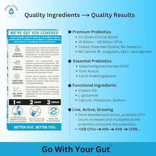 GoLive Präbiotikum & Probiotikum für Frauen, Männer, Kinder – Geschmacksneutral, Zuckerfrei, Synbiotisches Pulver mit GOS, L-Glutamin, Vitamin D3, Elektrolyten – Für Darmgesundheit, Verdauung, Stoffwechsel, Immunität 15-50 Mrd. KBE