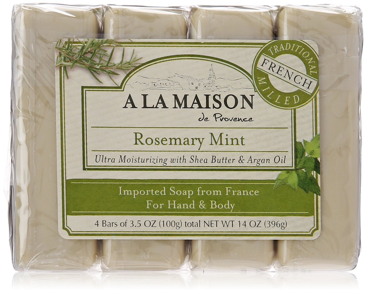 A LA MAISON Rosmarin-Minz Seifenbar - Französisch gemahlen, handgemachte Feinseife, 4er-Pack à 100 g