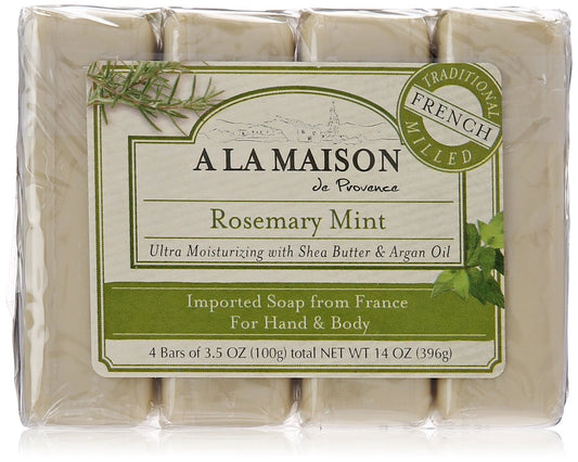 A LA MAISON Rosmarin-Minz Seifenbar - Französisch gemahlen, handgemachte Feinseife, 4er-Pack à 100 g