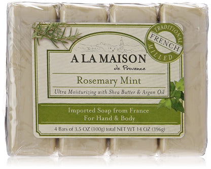 A LA MAISON Rosmarin-Minz Seifenbar - Französisch gemahlen, handgemachte Feinseife, 4er-Pack à 100 g
