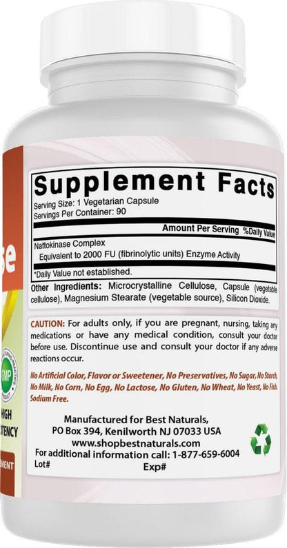 Best Naturals Nattokinase 2000 FU, 100 mg, 90 vegane Kapseln – Hochdosiertes Enzym zur Unterstützung der Herz-Kreislauf-Gesundheit