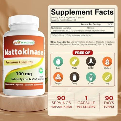 Best Naturals Nattokinase 2000 FU, 100 mg, 90 vegane Kapseln – Hochdosiertes Enzym zur Unterstützung der Herz-Kreislauf-Gesundheit