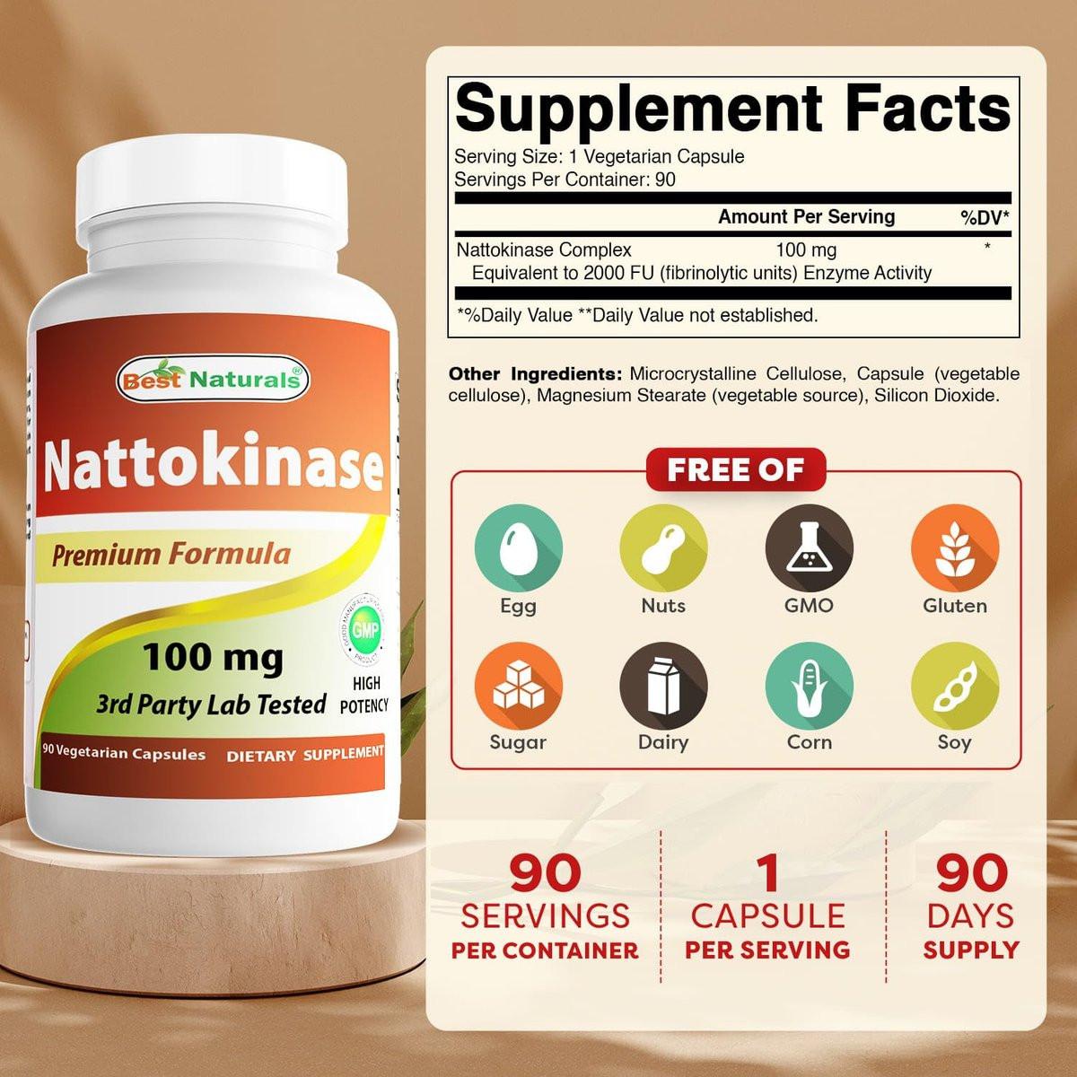 Best Naturals Nattokinase 2000 FU, 100 mg, 90 vegane Kapseln – Hochdosiertes Enzym zur Unterstützung der Herz-Kreislauf-Gesundheit